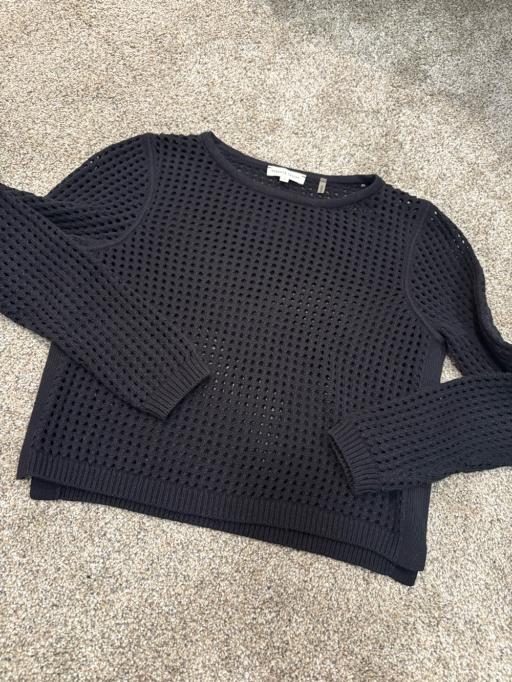 REBECCA TAYLOR Black Open Weave Cotton Blend Cropped boho Sweater Small